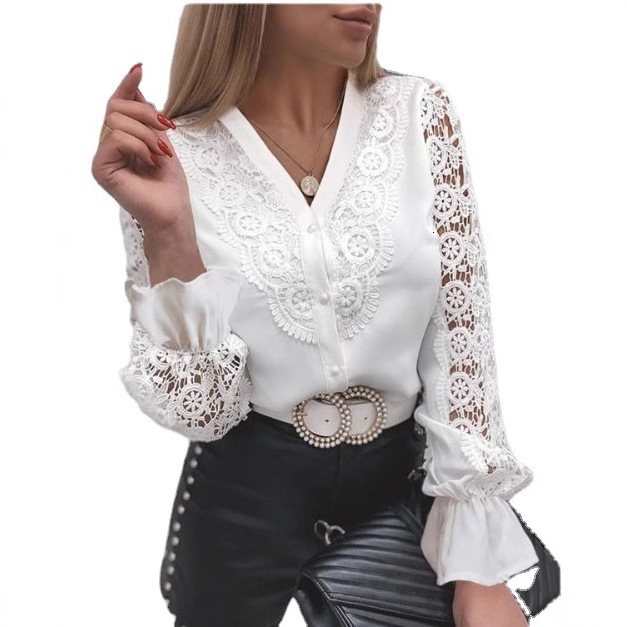 2021 spring and summer fashion lace long sleeve V-neck button shirt womens wear