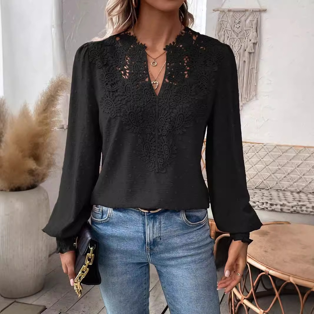 2024 Autumn V-neck Lace Splicing Solid Color Shirt Womens Shirt