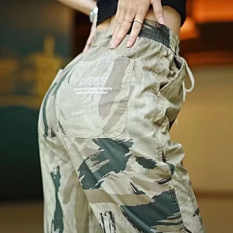 Charge up workwear for men in summer, thin ice silk, ankle binding, military green camouflage, hiking speed drying, durable casual pants