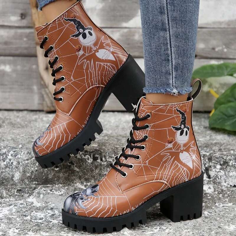 Halloween Skull High-Heeled Short 2024 Winter Item Thick Heel Print Design Versatile Fashion Women's Boots Zapatos Mujer