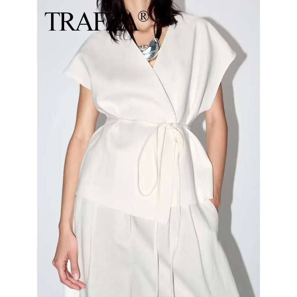 TRAFZA Women Solid 2 Piece Elegant Lace Up Vest Pants Sets V Neck Sleeveless Blouse Wide Leg Trousers 2024 Office Lady Outfits