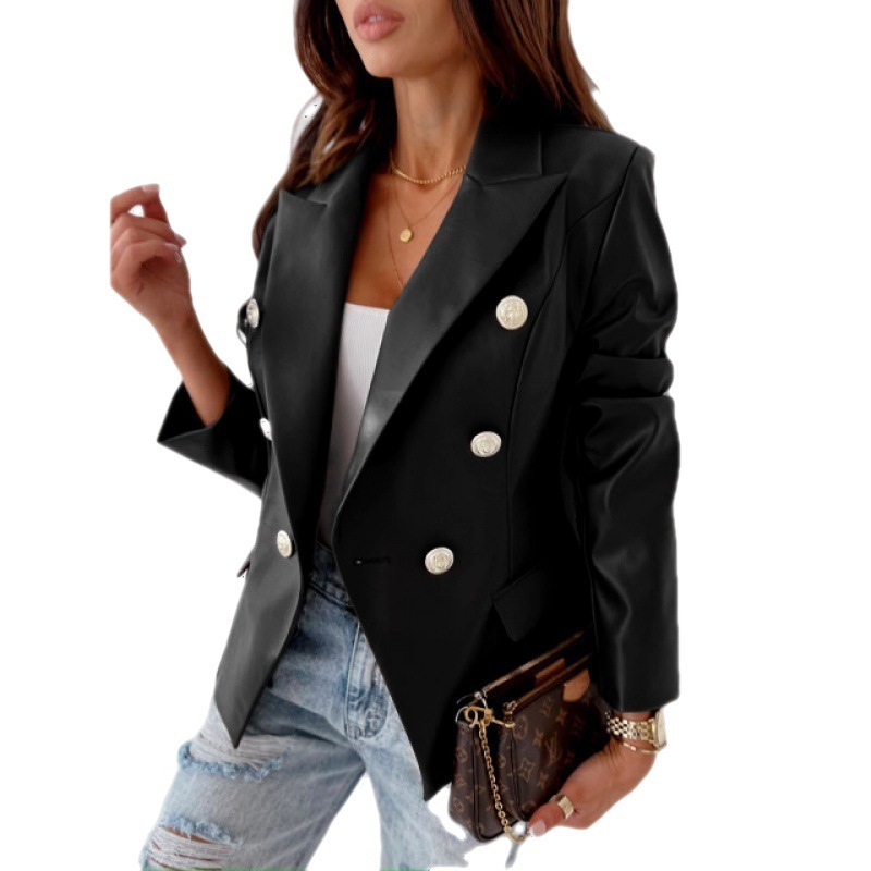 Autumn and winter new style long sleeve double breasted fashionable PU leather suit jacket