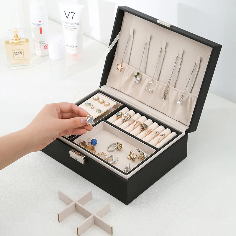 Double-layer Wooden Jewlery Box Ring Box Jewelry Boxes and Packaging with PU Leather Jewelry Storage Organizer and Makeup Case 250424
