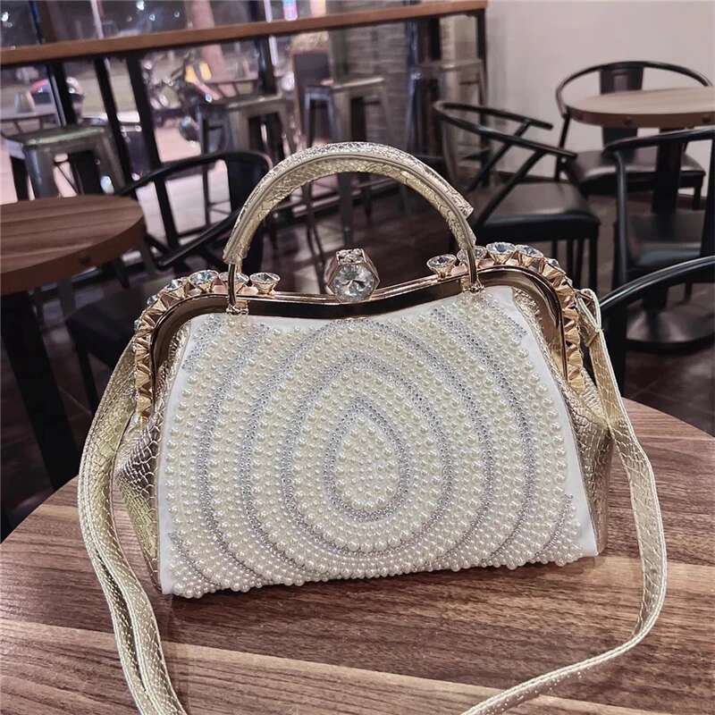 Spring and autumn new metal frame pearl dia rhinestone clip handbag daily large-capacity one-shoulder cross-body women's bag