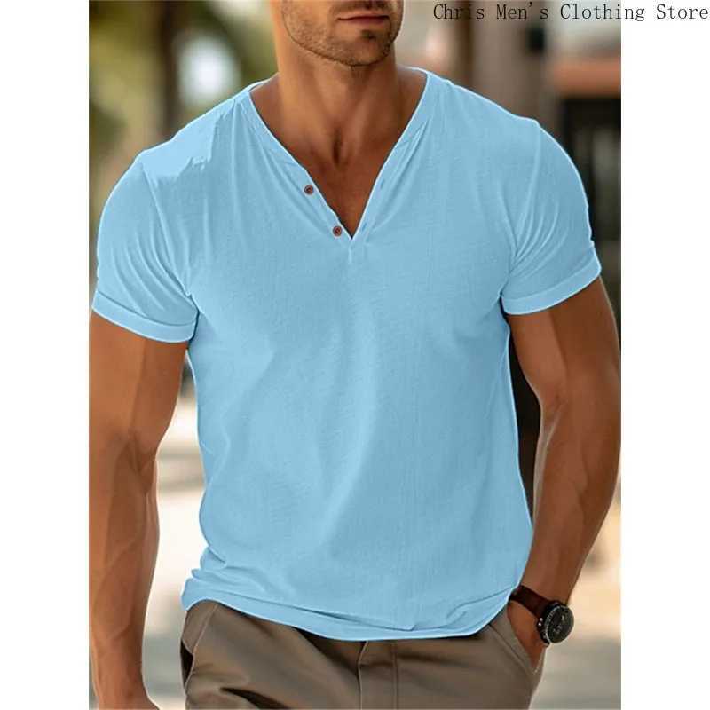 Beach holiday casual mens Pullover T-shirt top summer fashion simple solid color mens V-neck T-shirt soft fitness sports top W250425