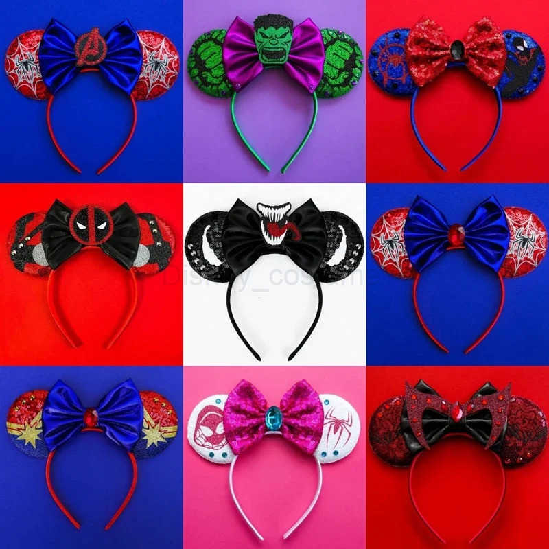 Disneys Marvel Ears Headbands Women Iron Man Hair Accessories Girls Sequeins Bow Hairband Kids The Avengers Headwear Super Heroes X250425