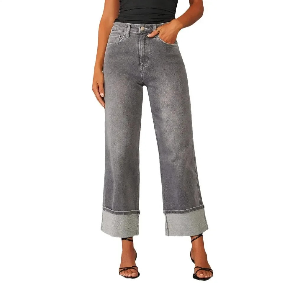 Spring 2025 womens high waisted straight leg denim jeans with elastic cuffs highquality retro style pants fashionable and casual 250420