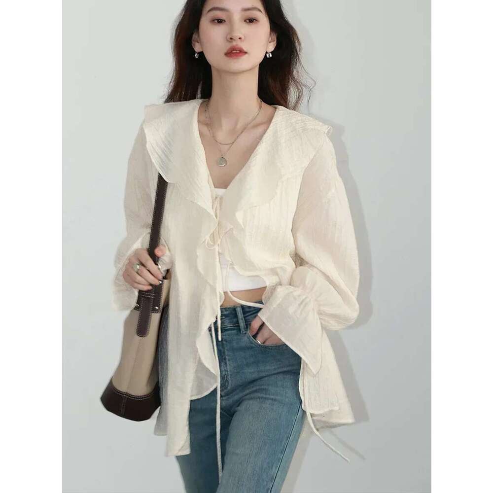 CHIC VEN Women Shirt Loose Casual Ruffled Edges Female Blouses V Neck Lace Up Mid Length Woman Shirts Spring Summer 2024