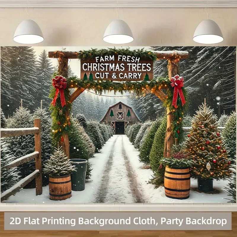 Christmas Tree Farm Tapestry Snowy Winter Forest with Red Ribbon Design Wall Hanging for Cozy Holiday Home and Office DecorM251125