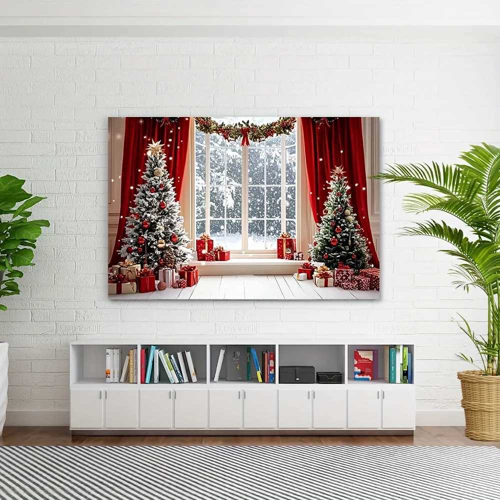 tapestry Large Wall Mural Winter Christmas Tree Snowy Window Scene with Red Curtains - 2D Flat Printing HolidayM251125