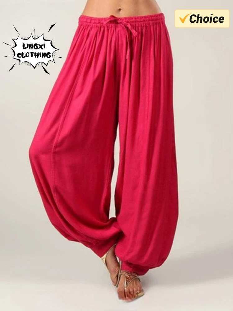 2024 Summer New Womens Solid Color Lantern Pants Loose Fold Drawstring Casual Ankle Sports Pants Harlan PantsC250425
