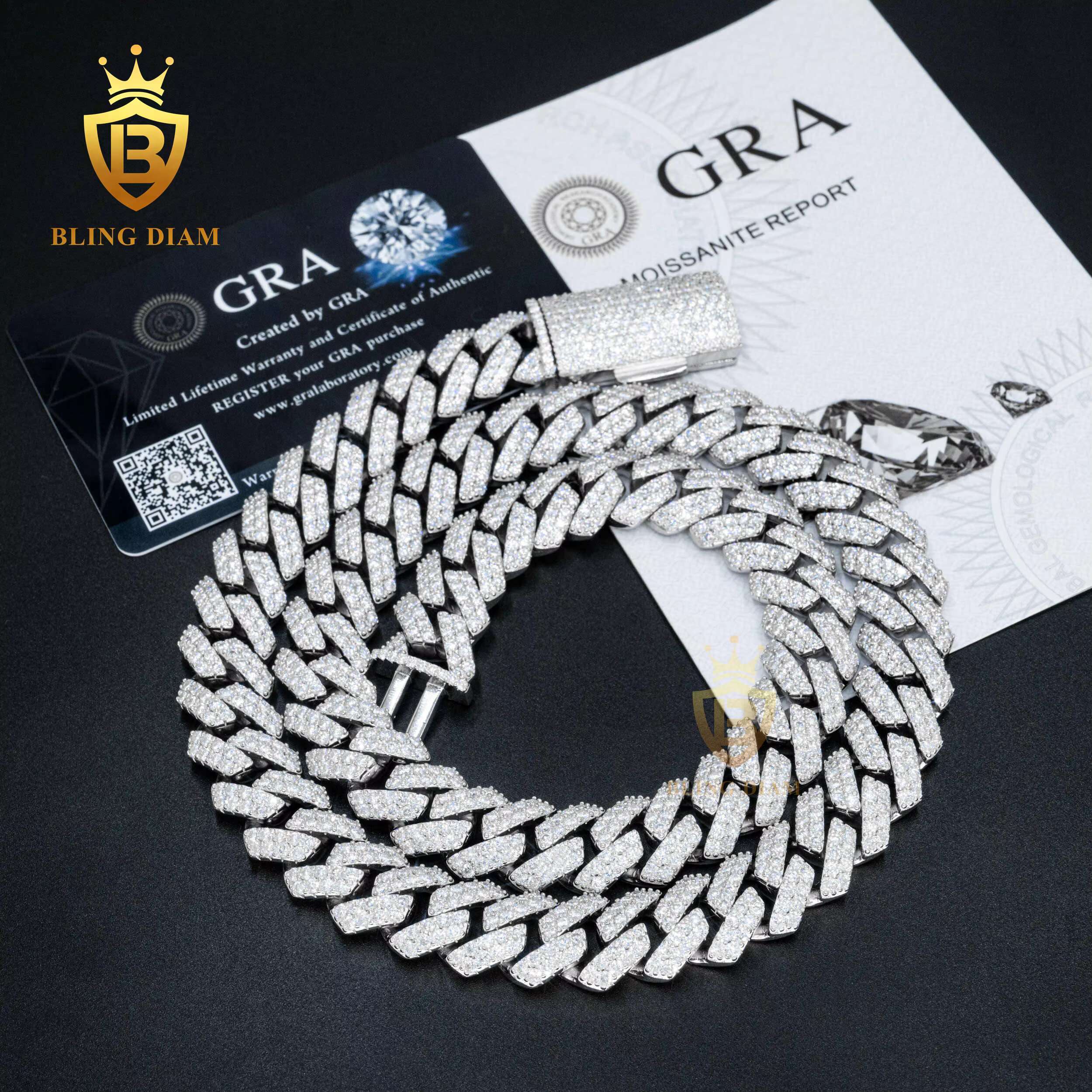 GRA Certificate Miami Cuban Chain 15mm Silver Iced Out Moissanite Cuban Link Chain Hip Pop Jewelry