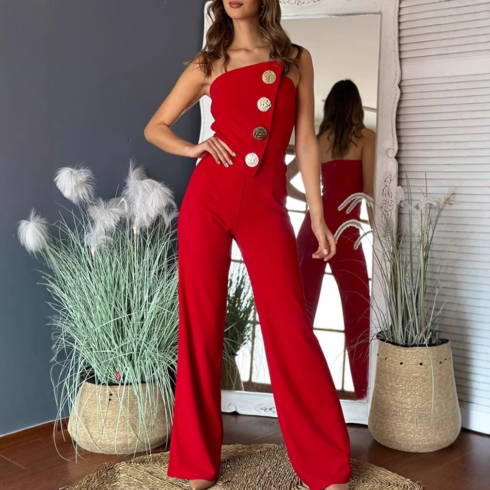2024 summer sexy strapless button decoration micro flared jumpsuit womens clothing
