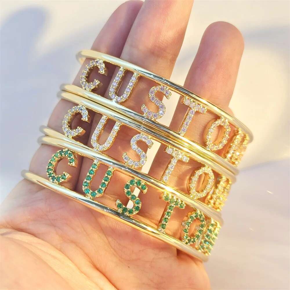 Doremi 9mm Letter Colorful Zircon Cuff Custom Initial Name Hallow Bangle Personalized Adjustable Women Gifts Jewelry