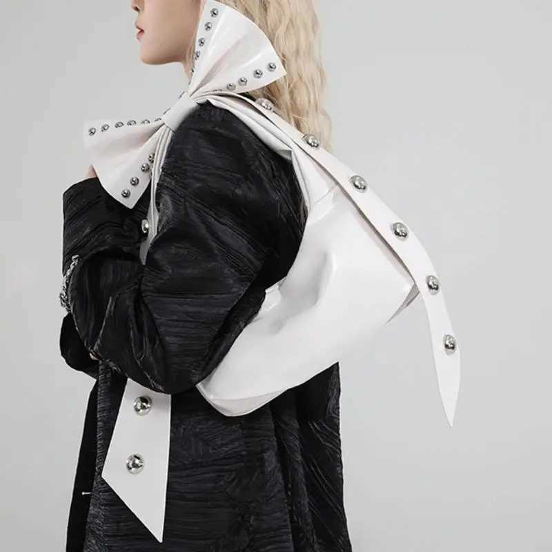 Rivet bow Y2K homeless handbag and wallet suitable for womens fashionable shoulder bag with detachable bow womens PU leather tote bag W250421