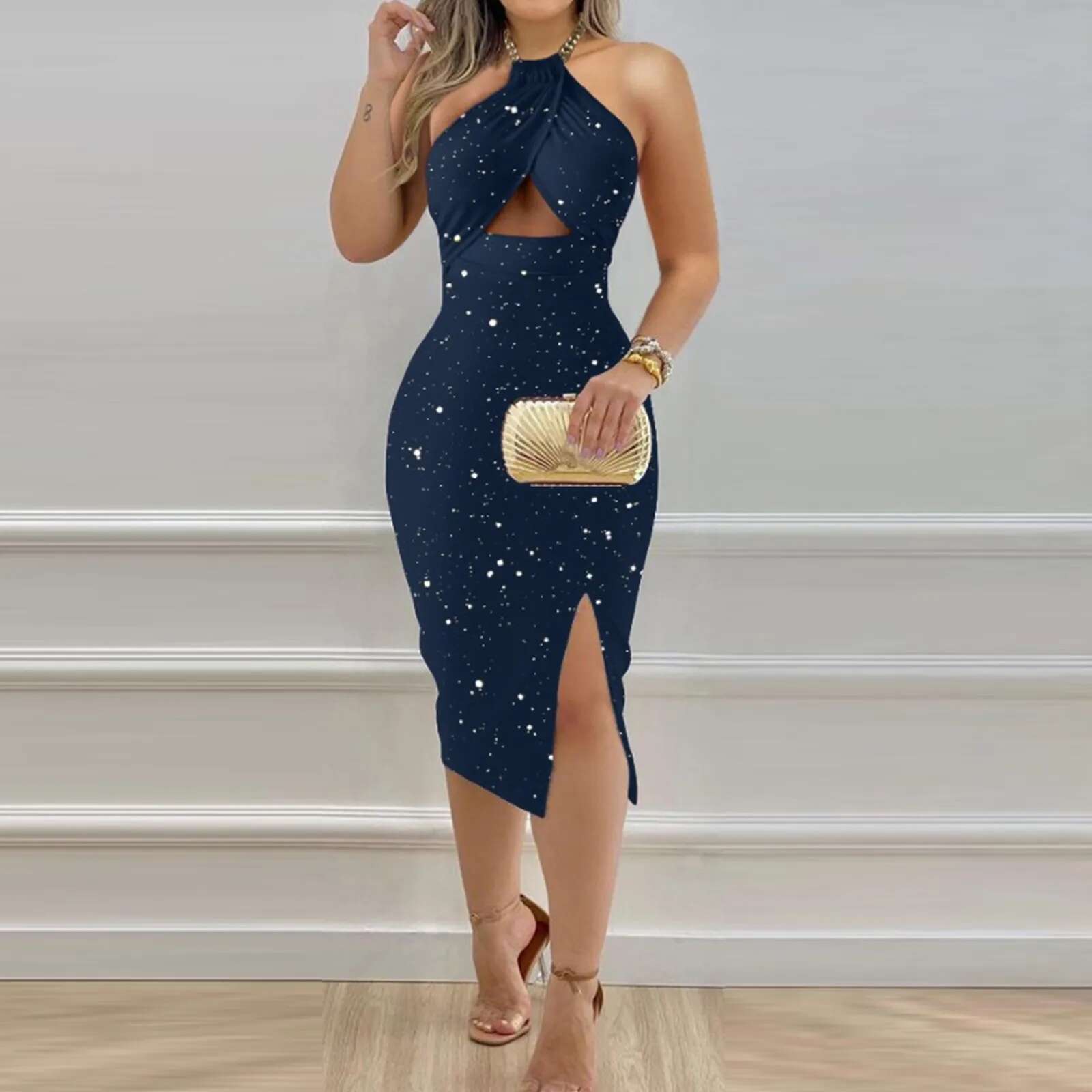Dongdumaoyi Summer Women Hollow Out Sexy Party Dress Sleeveless Halter Patchwork Sheath Holiday Fashion Chic Ladies
