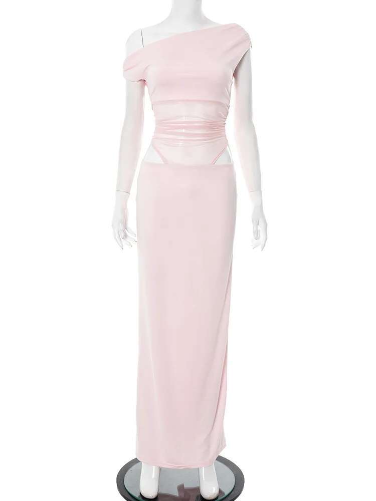 Dongdumaoyi Townlike Mesh Patchwork Maxi Long Slim Bodycon Dress Women One Shoulder Spring Summer Nightclub Sexy Party Dresses