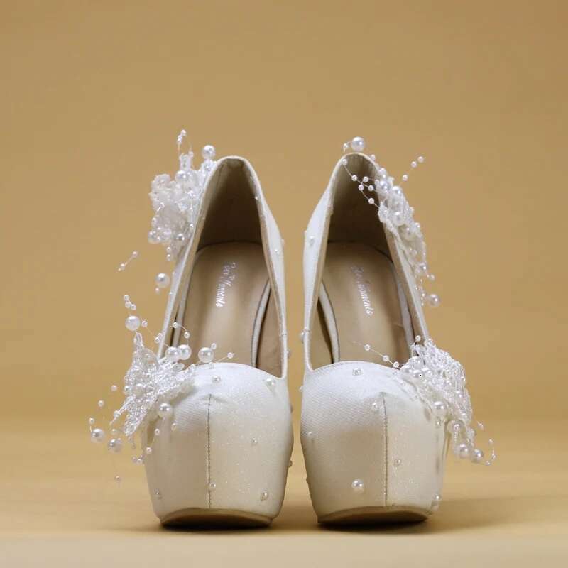 Spring round head cloth pearl tassel lace flower wedding fine high-heeled waterproof table dress large size women's shoes