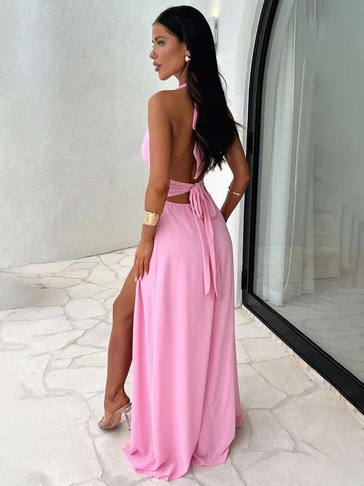 Dongdumaoyi Townlike Elegant Maxi Long Dress Women Halter Spring Summer V Neck High Split Backless Sexy Party Dresses