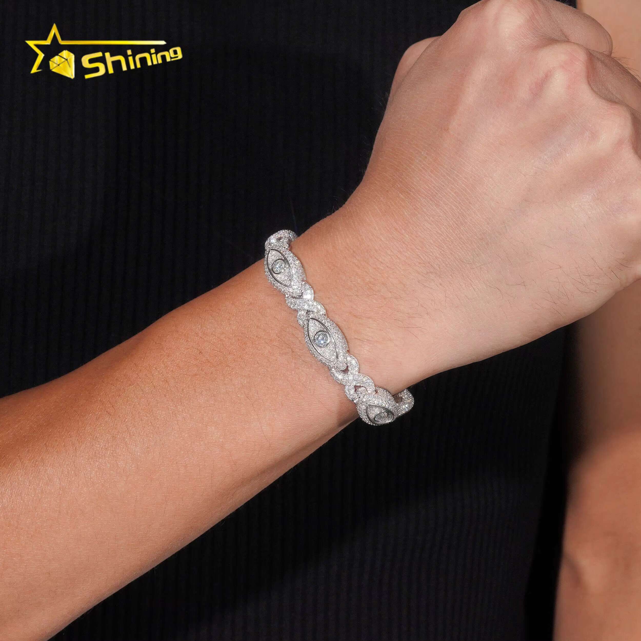 Hot Selling 925 Sterling Silver Hip Hop Iced Out Infinity Eye Moissante Cuban Link Bracelet