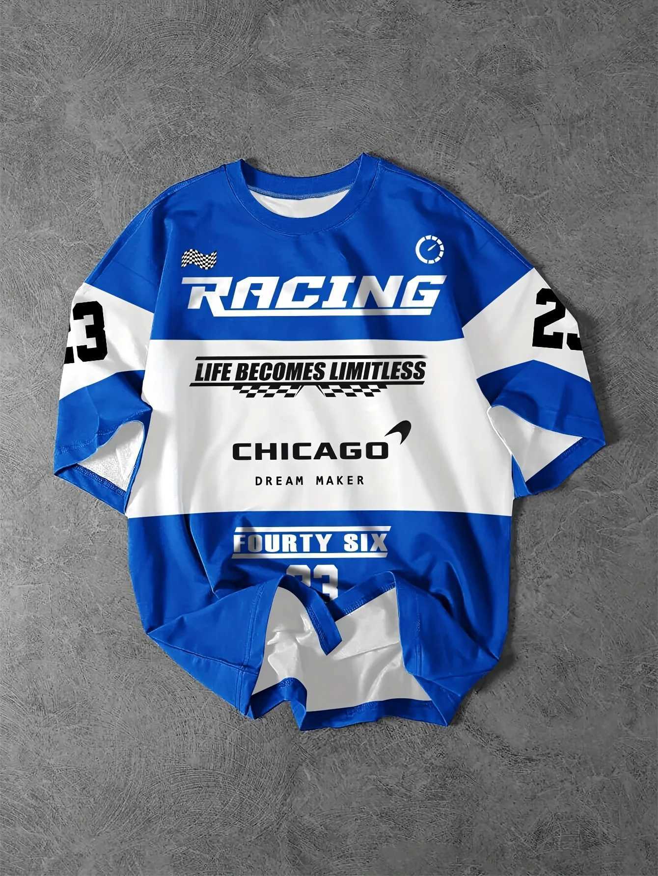 Mens racing themed plain flag pattern letter printed T-shirt round neck short sleeved T-shirt summer outdoor fashion W250425