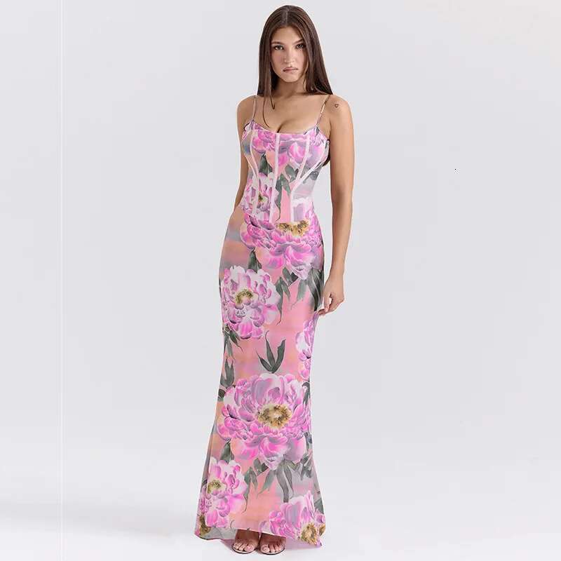 Dongdumaoyi Townlike Floral Print Slim Bodycon Dress Women Spaghetti Strap Spring Summer Nightclub Sexy Party Maxi Long Dresses