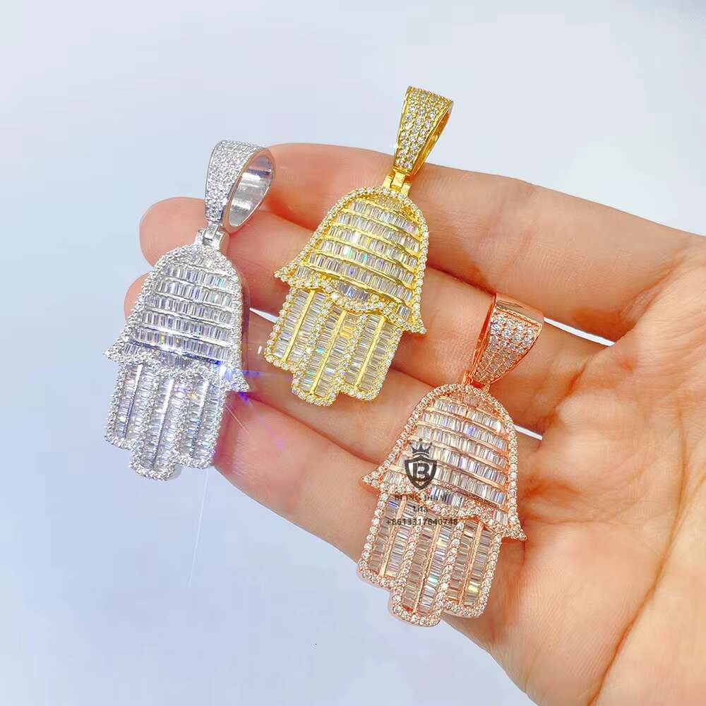 Hot Sale Bling Iced Out Hamsa Hand Pendant Sterling Silver Moissanite 925 Silver Pendant