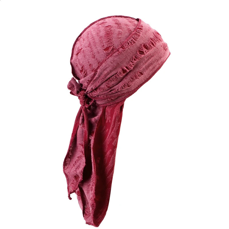 Durag long tail cotton ribbon pirate hat retro distressed Durag chemical hat Turban headband Bandanas headwear 250423