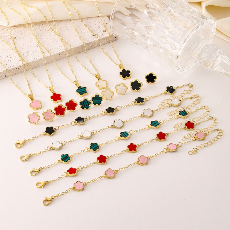 Five Petal Clover Flower Charm Chain Necklace Bracelet Jewelry Sets for Women Desinger Bracelet 18K Gold Plated Pearl Pink Crystal Gift Bridal Wedding