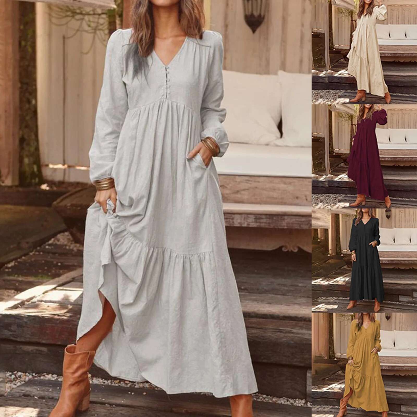 Dongdumaoyi Spring Bohemian Dress Women Long Black V Neck Oversize Dresses Female Summer Elegant Trendy Fashion Casual Ladies Clothes
