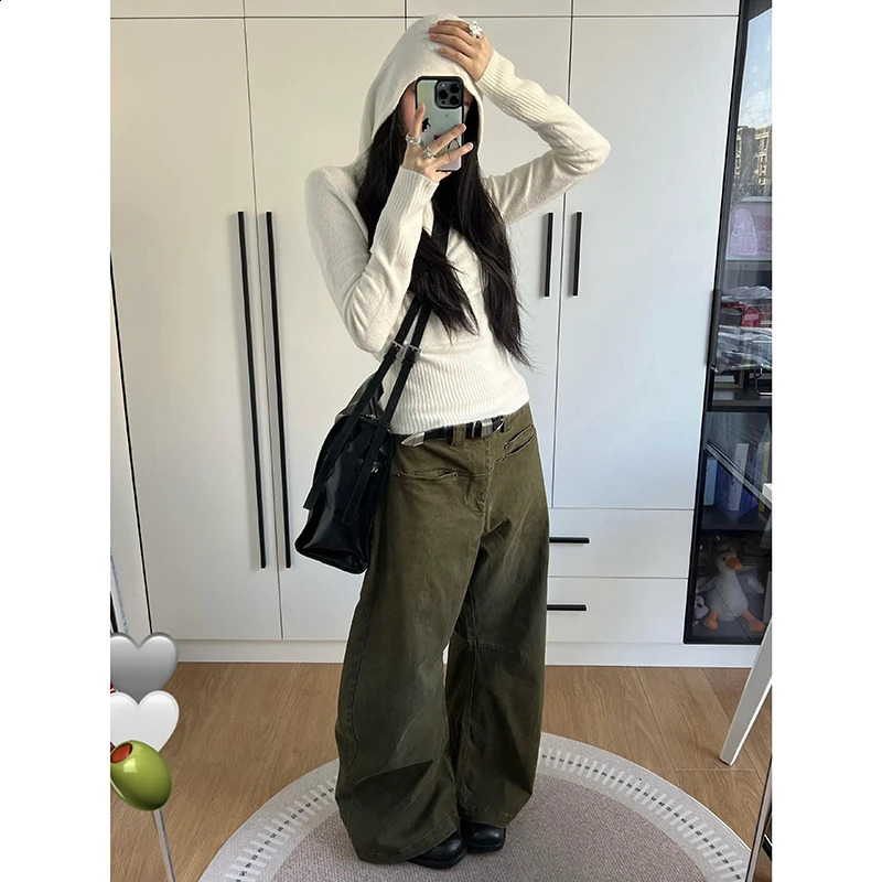 Spring 2025 Womens Jeans High Waist Bag Casual Retro Y2K Army Green Straight Pants American Wide Leg Cowboy Trouser 250417