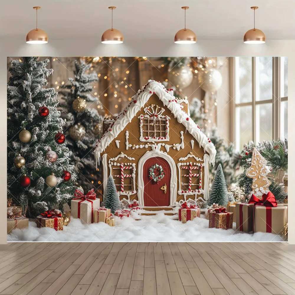 Gingerbread House Christmas Theme Photography Backdrop Gift Box Christmas Tree Home Party Banner Photo SuppliesM251125