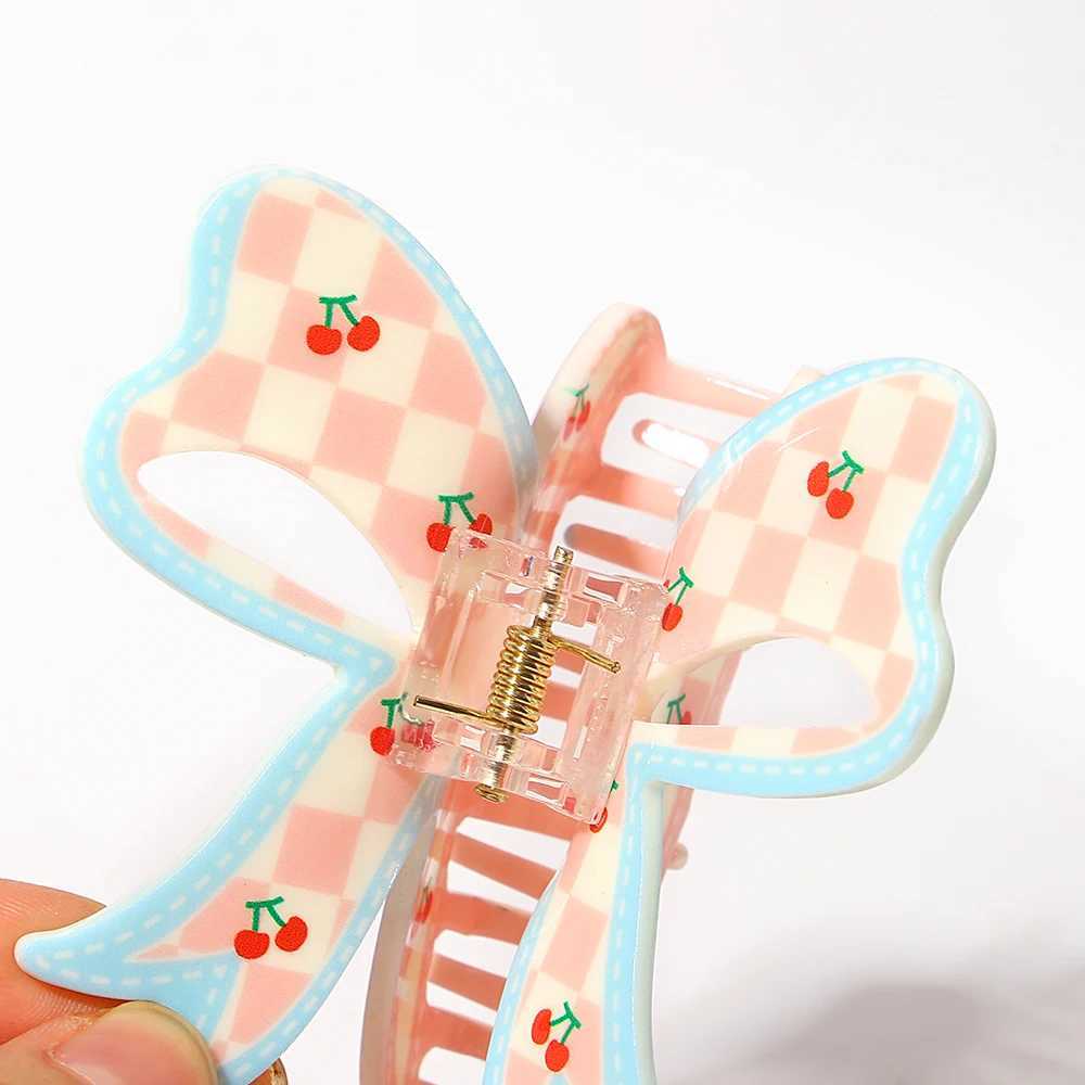 Sweet pink checkered cherry bow large-sized hair clip suitable for womens new ponytail geometric hair clip headwearT250425
