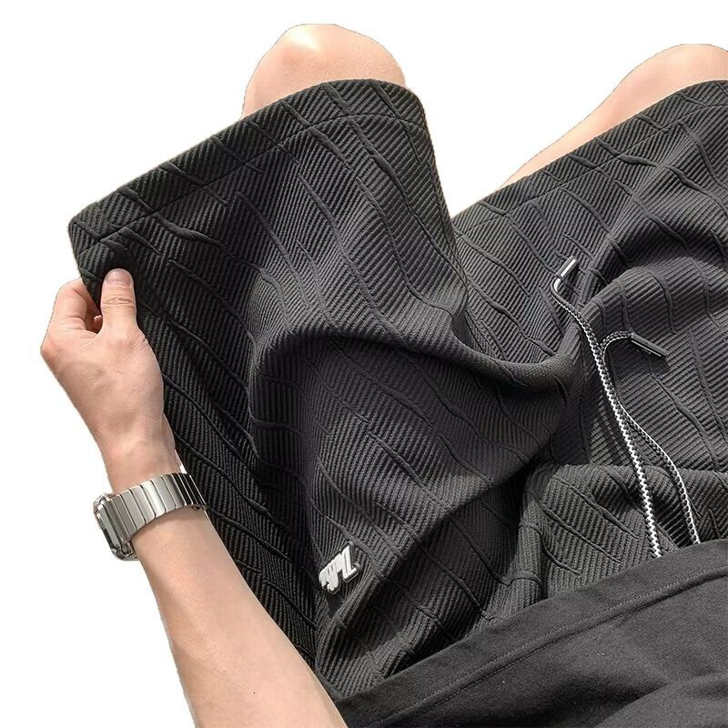 Texture inspired ice silk shorts for men's summer American high street sports pants, loose casual trendy brand five or six inch mid length pants