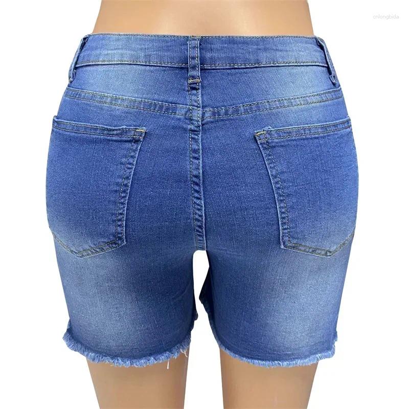 CNLONGBIDA Women's Shorts Fashion Slanted Waist Button Splicing Denim Women Summer Broken Holes Tassel Three Quarter Pants Female Casual Mini Jea