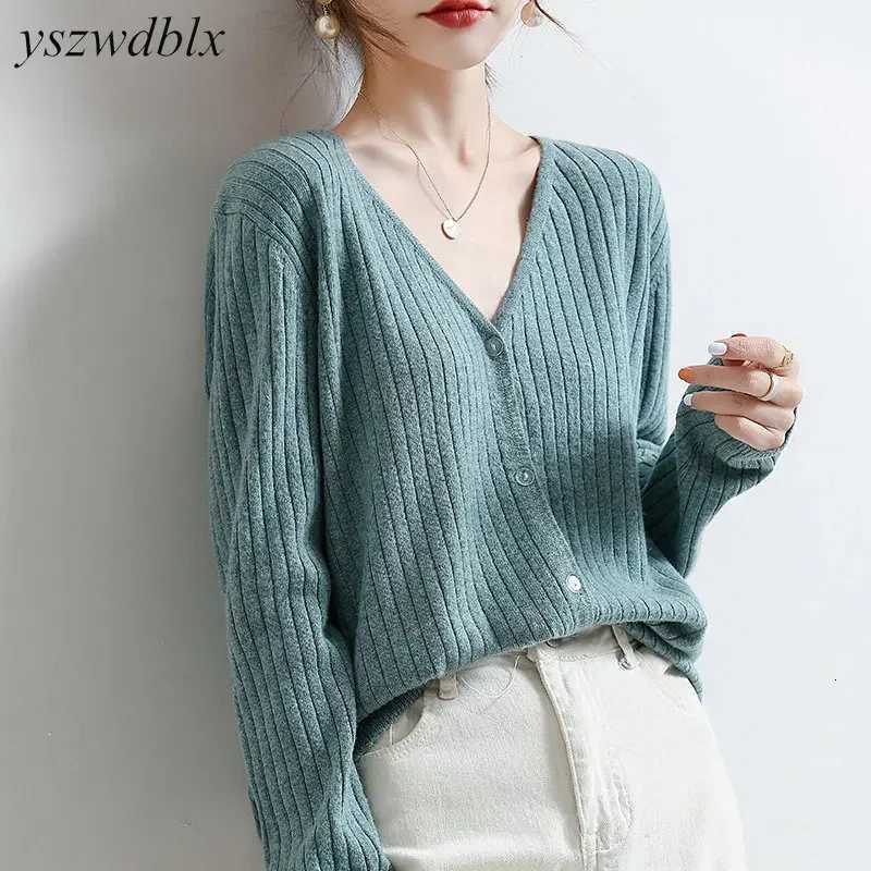 YSZWDBLX Women Cardigans 2025 Solid V-neck Knitted Autumn Winter Long Sleeve Sweater Korean Fashion Loose Fit Woman CardiganT251125