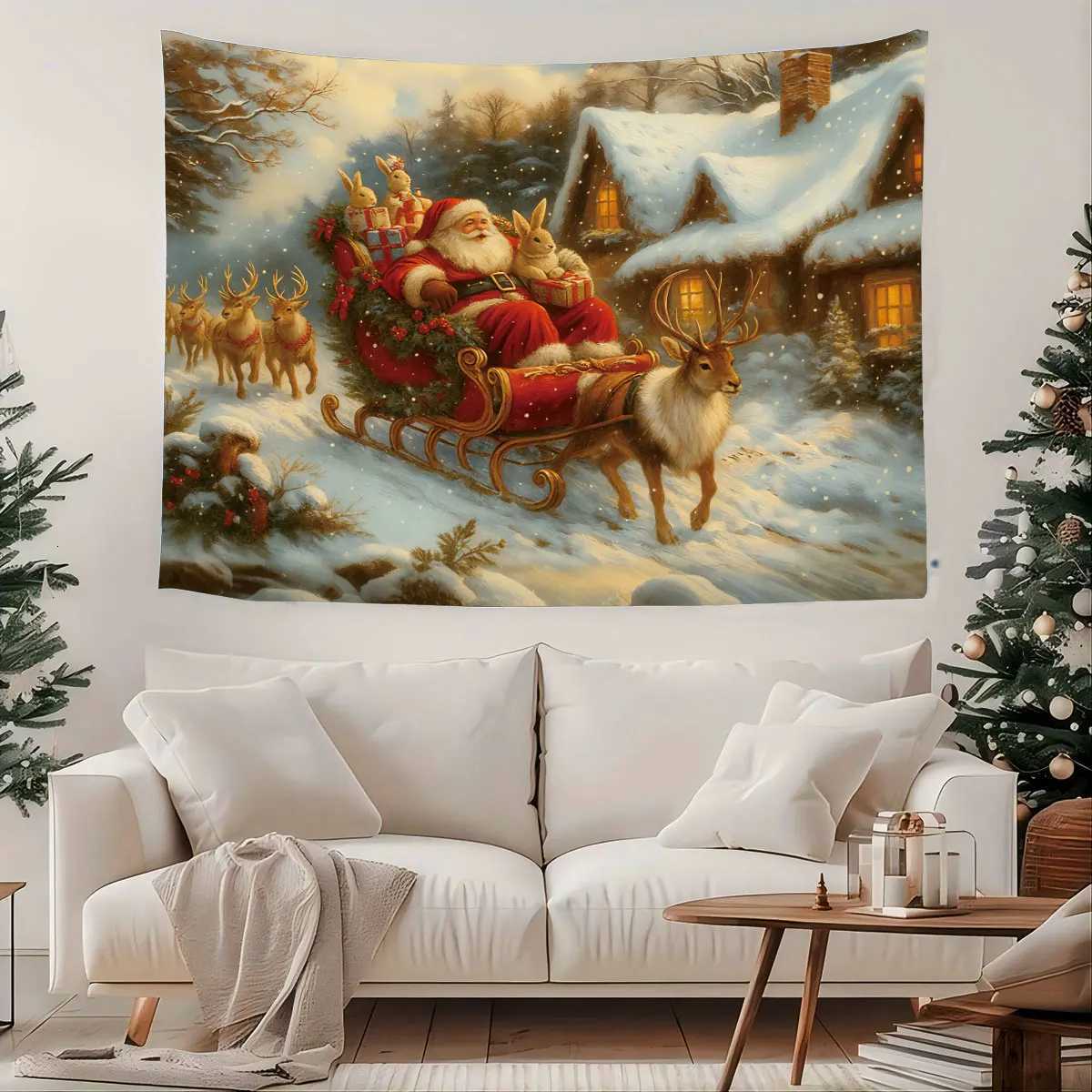 1pc Merry Christmas Santa Claus sled print tapestry living room wall decoration multi size background cloth machine washableM251125