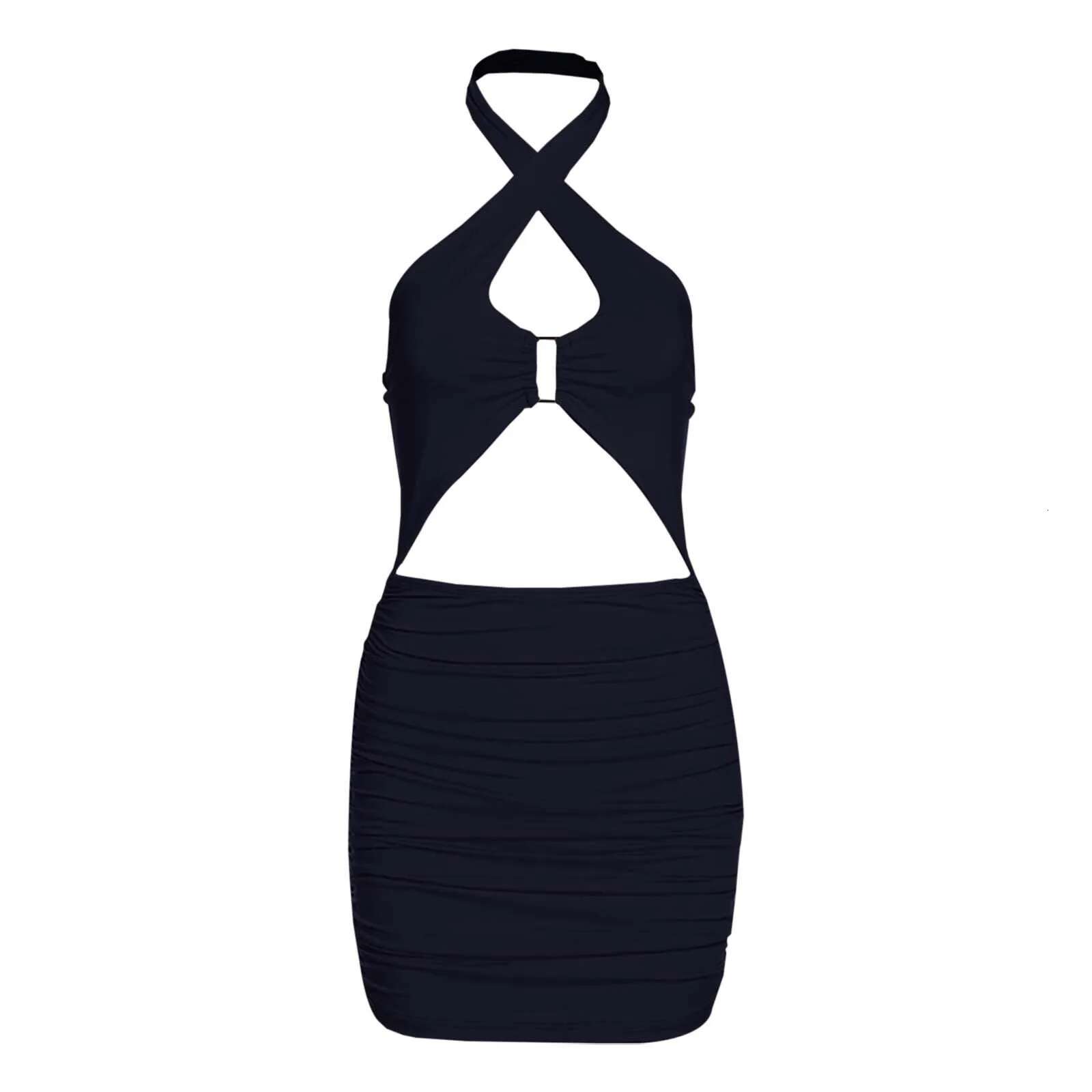 Dongdumaoyi Sexy Bodycon Dress For Women Summer Solid Color Backless Cut Out Cross Halter Collar Club Cocktail Party Mini
