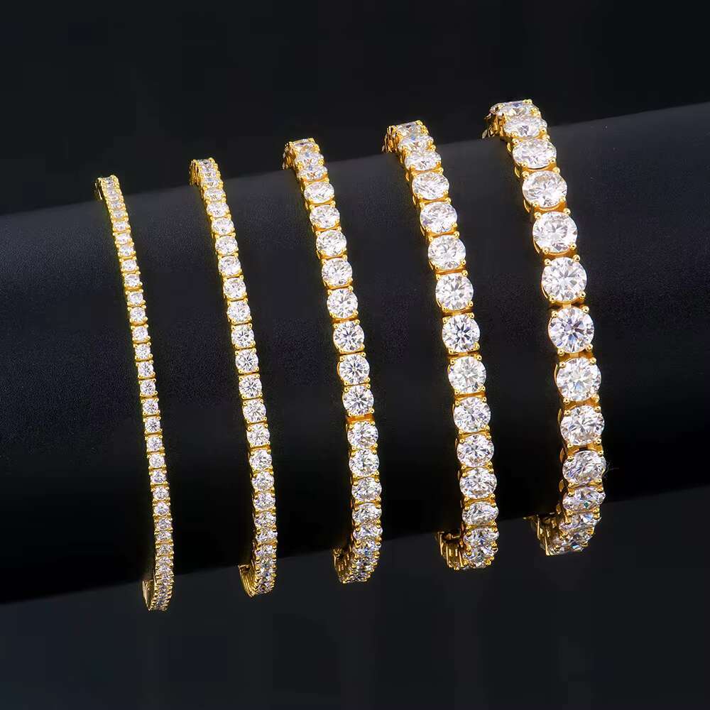 High Quality Yellow Gold Plated Bracelet 2mm -6mm Silver 925 VVS1 Moissanite Round Shape Tennis Chain Bracelet