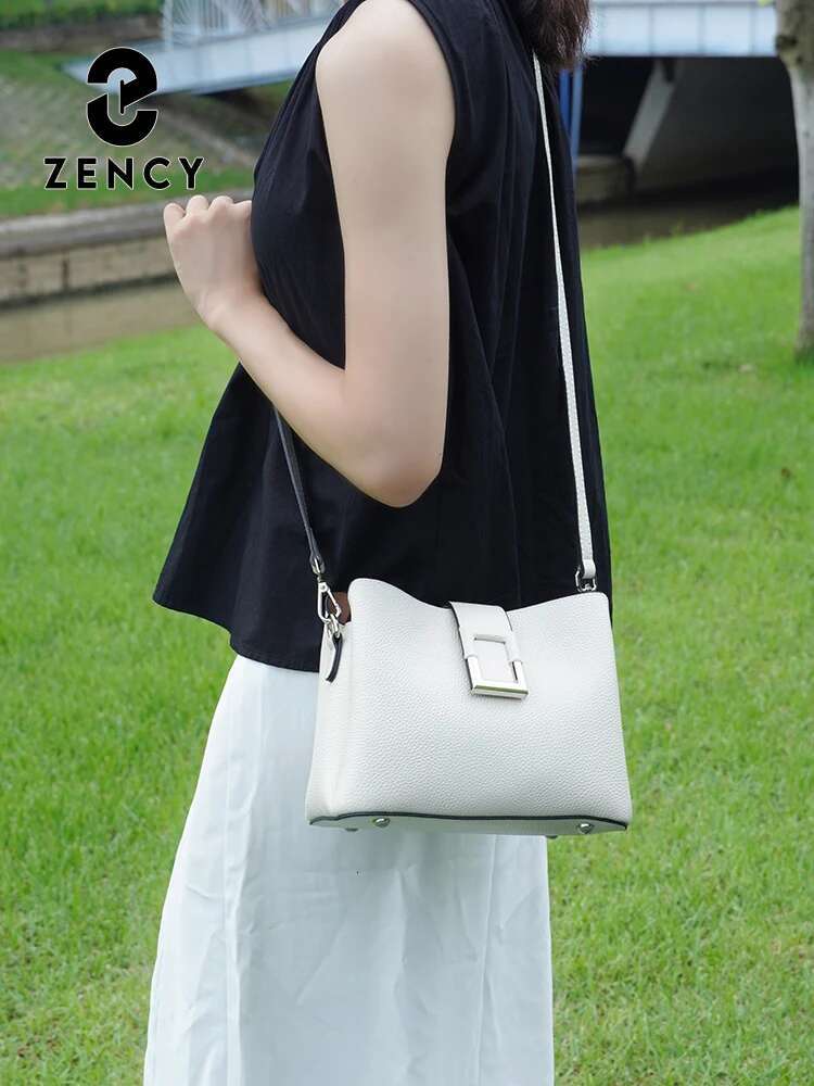 Zency Genuine Leather White Designer Noble Shopper Shoulder Commuter Large Handbag Women Tote Bucket Cross Body Bag