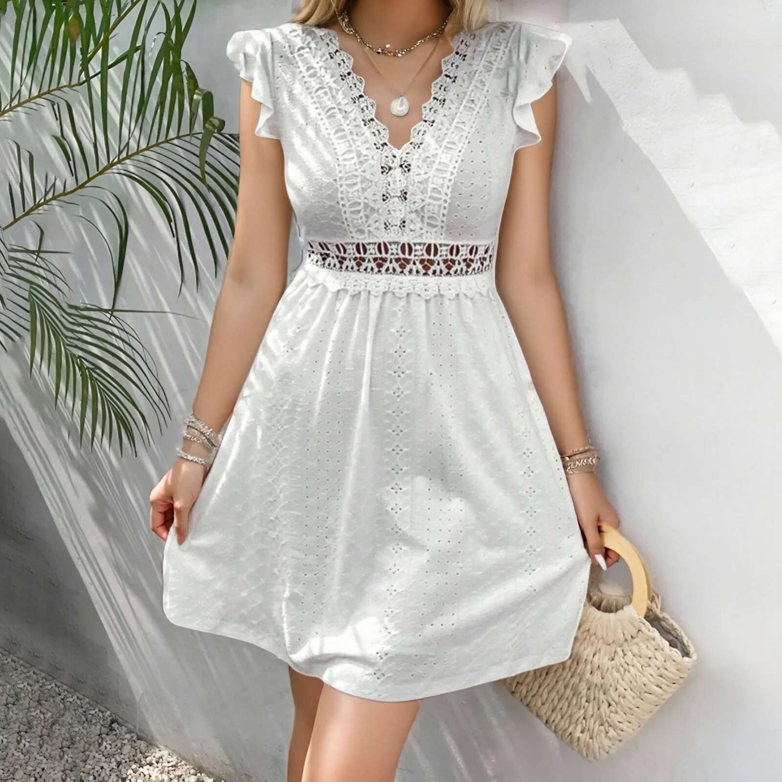 Dongdumaoyi Women White V Neck Beach Dress Solid Summer A Line Short Sleeve Casual Loose Sundress Holiday Baggy Long Robe