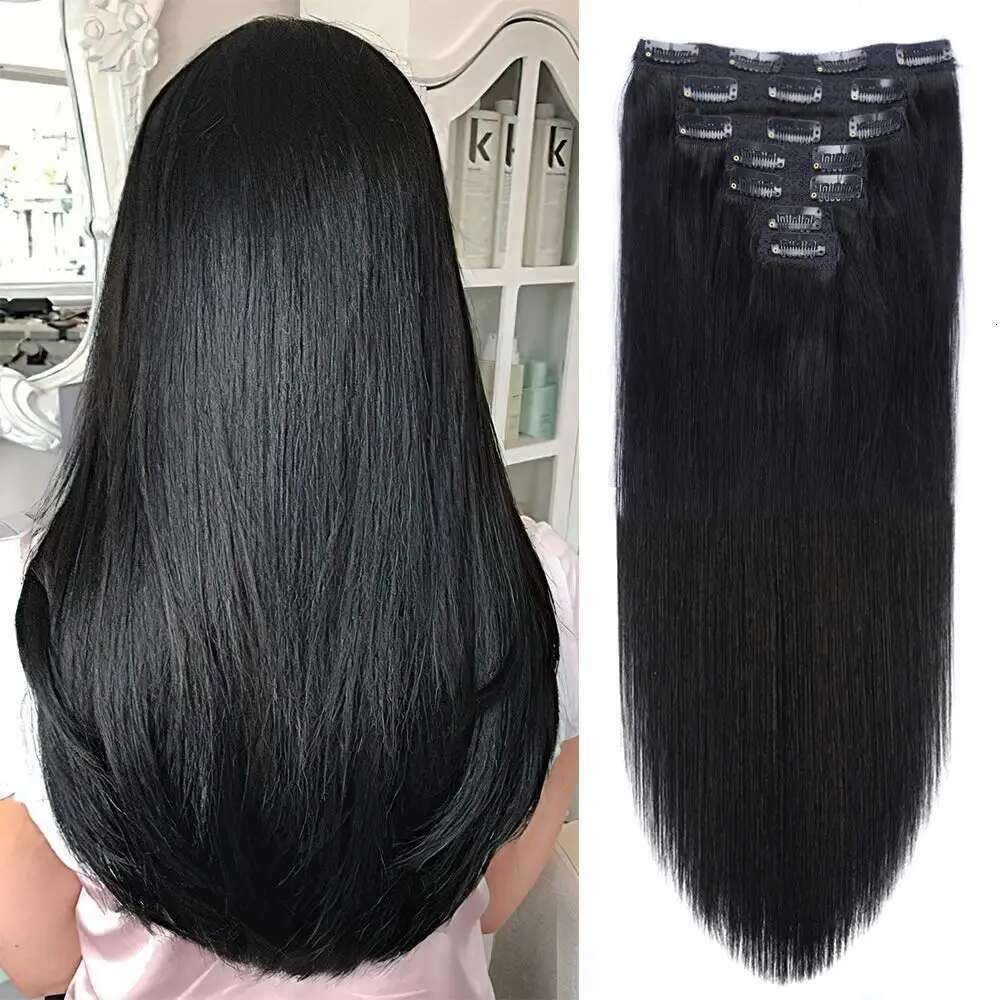 Straight Human Clip In Extensions 100% Unprocessed Full Head Brazilian Virgin Hair Natural Black Color 8Pcs With 120G