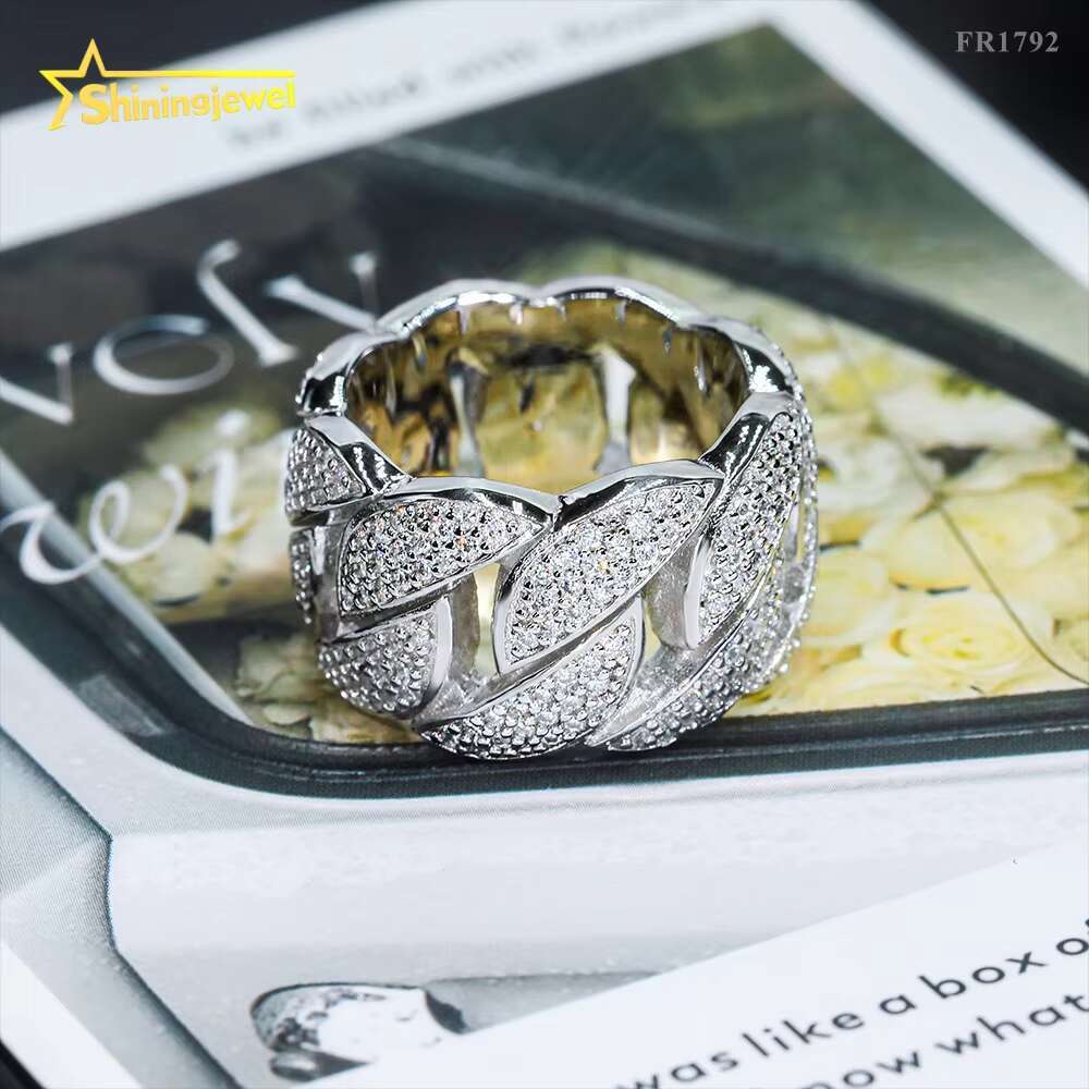 Hot Selling Iced Out Three Rows Moon Shape Cuban Ring Hip Hop Silver 925 Moissanite Men Rings