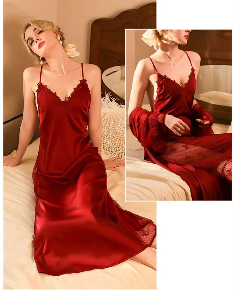 Silk Satin Ladies Sexy Robe Nightgown Women Sleepwear Lace Pijamas Dress