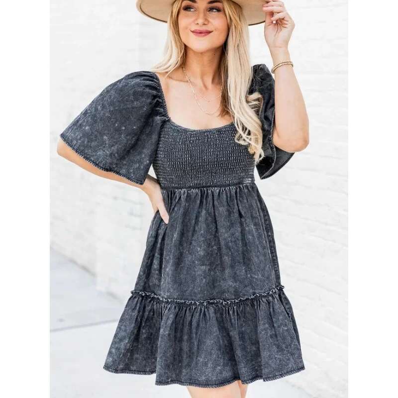 Dongdumaoyi Spring And Summer New Temperament Commute Pullover Loose Denim Short Sleeve Dress D