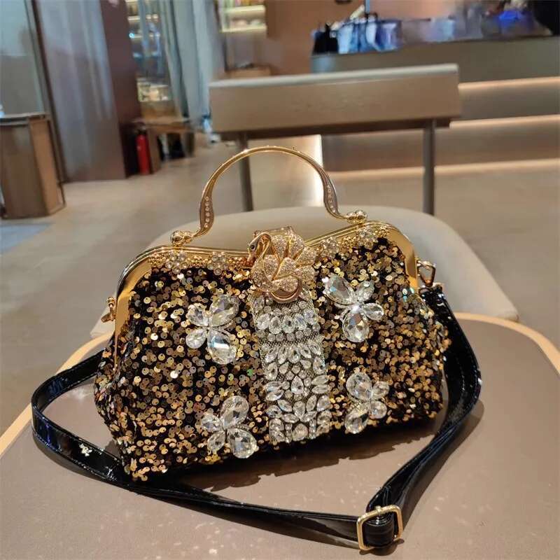 Spring new crystal sequin metal buckle handbag banquet dress daily large-capacity one-shoulder cross-body leather women's bag