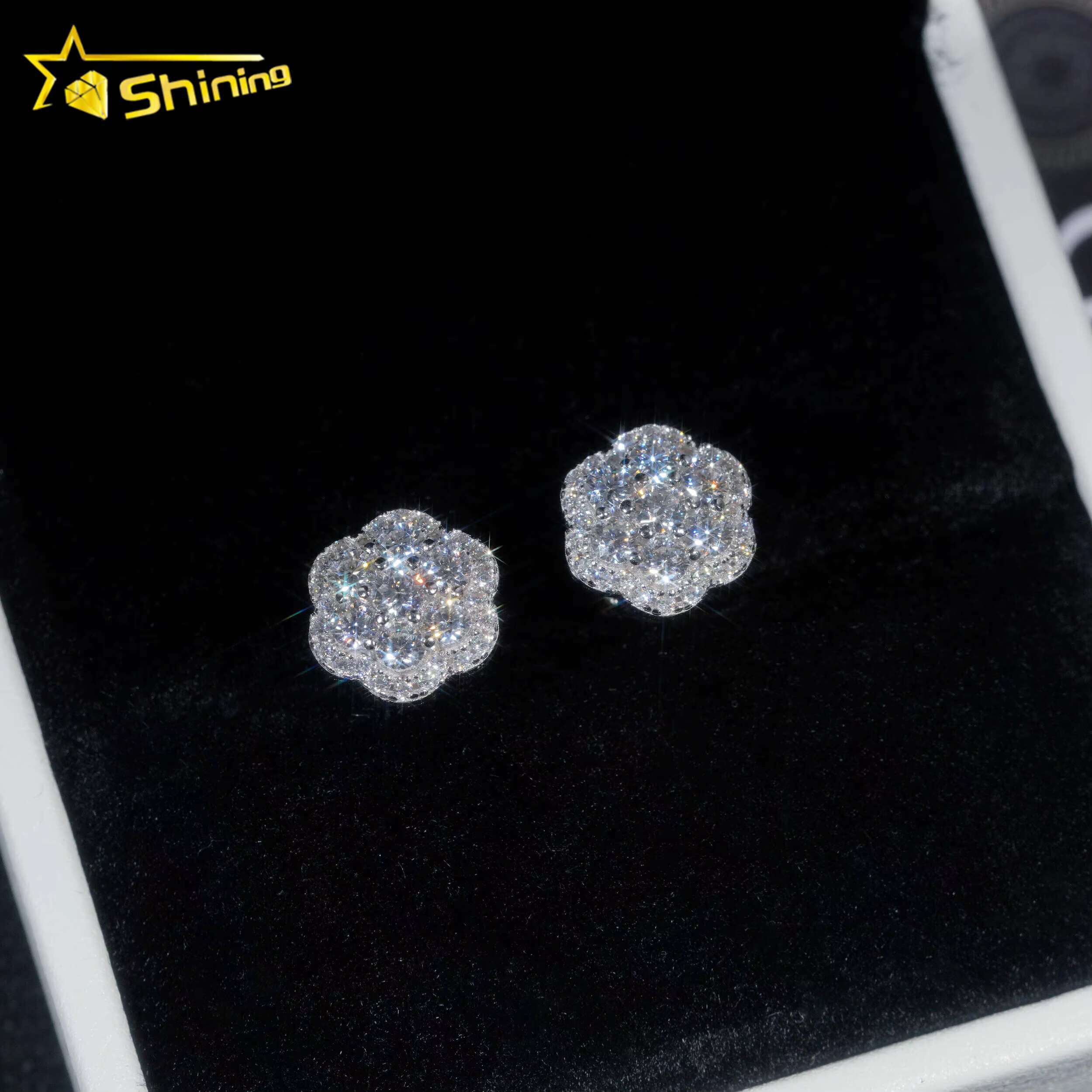 18K Gold Plated Flower Earrings Hip Hop Jewelry 925 Sterling Silver Cluster Moissanite Ear Studs Screw Back Pass Diamond Tester