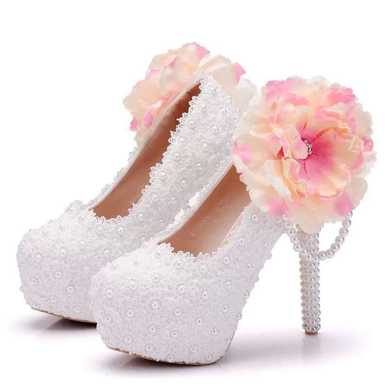 Spring round head shallow lace pearl waterproof platform wedding thin high-heeled banquet dress large size women's shoes