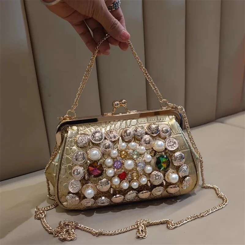 Spring and summer metal frame color pearl rhinestone crystal handbag banquet dress one-shoulder cross-body chain women's bag