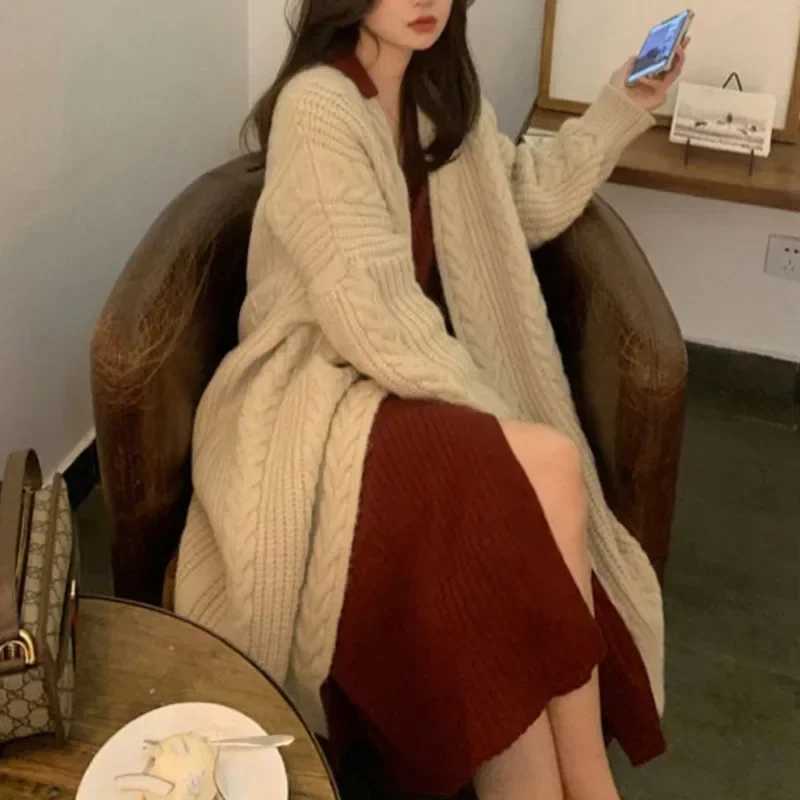 Autumn Womens Knitted Cardigan Sweater Korean Solid Color New V-neck Loose Long Jacket Elegant Office Lady Knit TopT251125